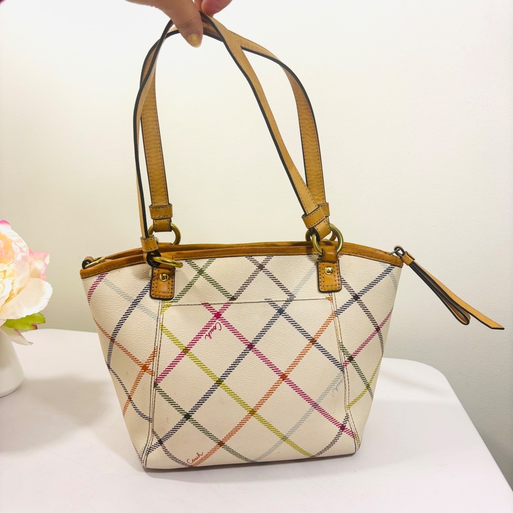 Coach Peyton Tattersall Tote Purse Handbag Ivory Plaid Multicolor - Picture 3 of 9